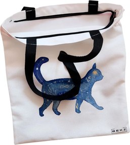 Sacosa de Panza pentru Cumparaturi, Geanta Tote, model Pisica Astrala, Cu fermoar, 38x34.5 cm, Alba, BEKZ®