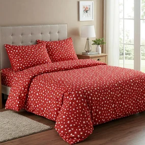 Lenjerie de pat dublu bumbac Premium Ranforce rosie cu stelute / 200x220 cm dimensiune standard