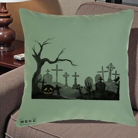 Perna Decorativa Halloween Cimitir Acuarela cu Dovleac, 40x40 cm, Verde, Husa Detasabila, Perna Inclusa, BEKZ®