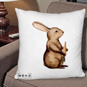 Perna Decorativa Iepuras Acuarela cu Morcov, 40x40 cm, Alb Pufos, Husa Detasabila, Perna Inclusa, BEKZ®