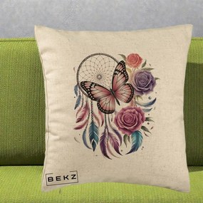 Perna Personalizata Prinzator de Vise cu Fluture si Trandafiri, 40x40 cm, Bej, Husa Detasabila, Perna Inclusa, BEKZ®