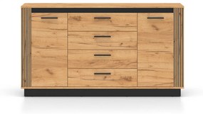 Comoda cu 4 sertare si 2 usi, stejar artisan  insertie negru, 160x90x40 cm, modern ,model riflaj pe margini, picioare negre , pentru living ,