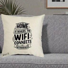 Perna Decorativa Home Is Where WiFi Connects, 40x40 cm, Ecru, Husa Detasabila, Perna Inclusa, BEKZ®