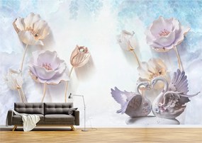 Tapet Premium Canvas - Abstract flori si lebede portelan
