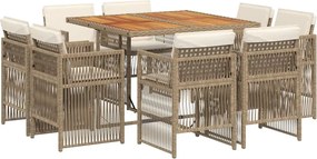 vidaXL Set de masă pentru grădină, 9 piese, cu perne, bej, poliratan