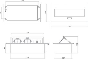 Priză încorporabilă în blat GTV, 2 prize Schuko, USB A + C, alb, 265 x130 mm Aluminiu/ plastic, Alb, L:265 mm; l:130 mm; H:110 mm