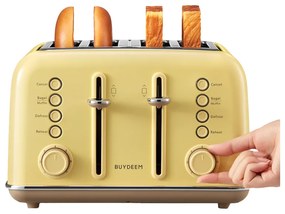 Prajitor de paine BUYDEEM DT640E, 1800W, 4 felii, 7 programe automate, 7 trepte de prajire, Indicatori LED, Tava firimituri, Pop-up inalt, Galben