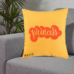 Perna Decorativa Princess Text Roz, 40x40 cm, Galben, Husa Detasabila, Perna Inclusa, BEKZ®