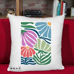 Perna Decorativa Flori Grafice Multicolore Modern, 40x40 cm, Alb Pufos, Husa Detasabila, Perna Inclusa, BEKZ®