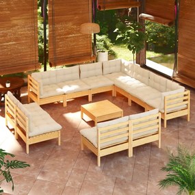 3096869 vidaXL Set mobilier grădină cu perne crem, 12 piese, lemn masiv de pin