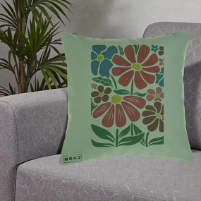 Perna Decorativa Flori Grafice Colorate Retro, 40x40 cm, Verde, Husa Detasabila, Perna Inclusa, BEKZ®