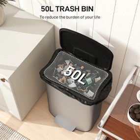 HOMCOM Coș de Gunoi cu Pedală de 50L cu Capac Amortizat, Deschidere la 90° și Găleată Detașabilă, Oțel Inoxidabil, Gri | Aosom Romania