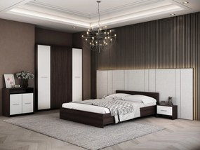 Dormitor Luiza 4U5P, culoare magia (wenge) / alb, cu pat standard 140 x 200 cm, dulap cu 4 usi, comoda si 2 noptiere