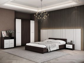 Dormitor Luiza 4U5P, culoare magia (wenge) / alb, cu pat standard 160 x 200 cm, dulap cu 4 usi, comoda si 2 noptiere