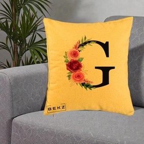 Cadou Personalizat - Perna Personalizata Monograma Florala Litera G, 40x40 cm, Galben, Husa Detasabila, Perna Inclusa, BEKZ®