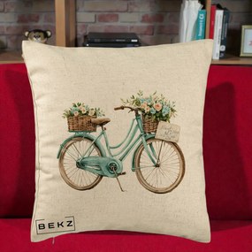 Perna Decorativa Bicicleta Teal cu Cosuri Duble de Flori Vintage, 40x40 cm, Bej, Husa Detasabila, Perna Inclusa, BEKZ®