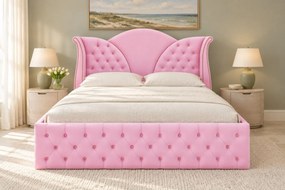 Pat tapițat Chesterfield din catifea Velora 160×200 cm, roz, cu ladă de depozitare