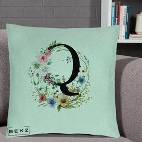 Cadou Personalizat - Perna Personalizata Monogram Litera Q cu Flori Acuarela, 40x40 cm, Verde Menta, Husa Detasabila, Perna Inclusa, BEKZ®