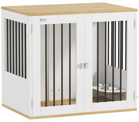 PawHut Cușcă pentru câini, masă de cafea, boluri mobile rotative la 360°, 2 uși pentru câine de talie medie 80x55x71,5 cm alb | Aosom Romania