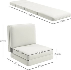 HOMCOM Fotoliu de podea pliabil cu pernă, canapea tapițată convertibilă, living, camera oaspeți, birou, 75 x 268 x 18 cm, alb crem | Aosom Romania