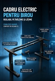 VARYON D16 – Cadru electric pentru birou, reglabil pe înălțime 72-117 cm și lățime 97-145 cm, 2 motoare, 3 memorii, sistem anti-coliziune, 150 kg, Negru