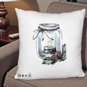 Perna Decorativa Felinar cu Lumanare si Conuri, 40x40 cm, Alb Pufos, Husa Detasabila, Perna Inclusa, BEKZ®