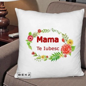 Cadou pentru Mama - Perna Personalizata Mama Te Iubesc Flori Rosii, 40x40 cm, Alb Pufos, Husa Detasabila, Perna Inclusa, BEKZ®