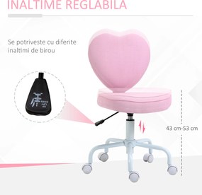 HOMCOM Scaun de Birou în Formă de Inimă, Bază cu 5 Roți, Înălțime Reglabilă, 40x50x79-89 cm, Roz | Aosom Romania