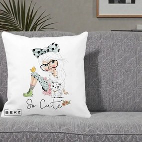 Perna Decorativa So Cute Fata Fashion, 40x40 cm, Alba Mata, Husa Detasabila, Perna Inclusa, BEKZ®