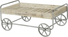 Măsuță de cafea cu roți, din lemn de molid și metal, natur și gri, cu blat tip tavă, finisaj rustic, 46 x 110 x 67 cm, „Ravelo” – Ethnic Collections