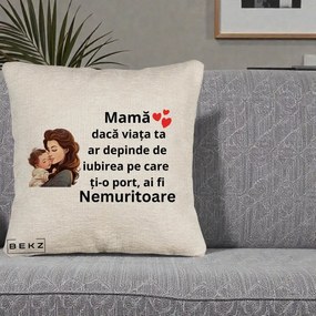 Cadou pentru Mama - Perna Personalizata Mama Nemuritoare cu Bebelus Lineart, 40x40 cm, Bej Canapea, Husa Detasabila, Perna Inclusa, BEKZ®