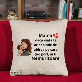 Cadou pentru Mama - Perna Personalizata Mama Nemuritoare cu Bebelus Lineart, 40x40 cm, Bej Canapea, Husa Detasabila, Perna Inclusa, BEKZ®