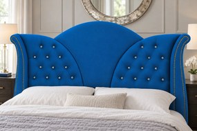 Pat tapițat Chesterfield din catifea Velora Cristal 180×200 cm, albastru, cu ladă de depozitare