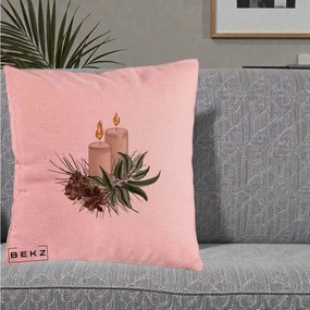 Perna Decorativa Lumanari cu Ilex si Conuri Ilustratie, 40x40 cm, Roz, Husa Detasabila, Perna Inclusa, BEKZ®