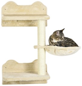 PawHut Trepte de cățărat, Perete de cățărat, Treaptă pentru pisici, set format din 4 piese, cu copaci de zgâriere, hamac, bej+crème, 40 x 28 x 73cm | Aosom Romania