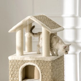 PawHut cu vizuină pentru pisici cu jucării Sisal Plus Khaki + Bej + Cafea | Aosom Romania