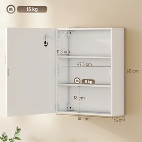 HOMCOM Dulap cu oglindă pentru baie cu iluminare, raft reglabil, ușă, 3 temperaturi de culoare, anti-aburire 50 x 15 x 60 cm Alb | Aosom Romania