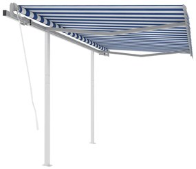 vidaXL Copertină retractabilă automat cu stâlpi, albastru/alb, 3x2,5 m
