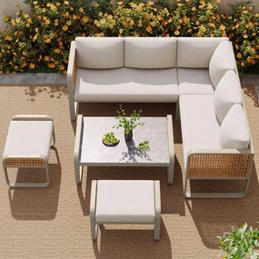 Set de lounge pentru grădină pentru 6-7 persoane, mobilier din ratan cu cadru din fier galvanizat și picioare reglabile, inclusiv perne pentru șezut și spate, Bej