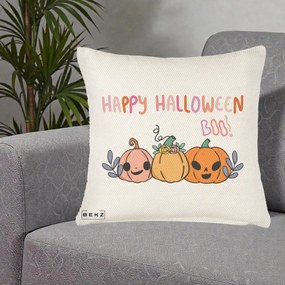 Perna Decorativa Happy Halloween Boo Trei Dovlecei Kawaii, 40x40 cm, Crem Reliefat, Husa Detasabila, Perna Inclusa, BEKZ®