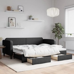 vidaXL Pat de zi cu extensie și sertare, negru, 80x200 cm, textil