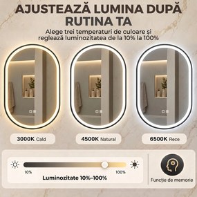 HOMCOM Oglindă de Baie Ovală cu LED 70x100 cm, Bluetooth, Memorie, Butoane Tactile, Antiaburire | Aosom Romania