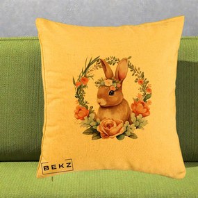 Perna Decorativa Iepuras Floral Coronita Acuarela, 40x40 cm, Galben, Husa Detasabila, Perna Inclusa, BEKZ®