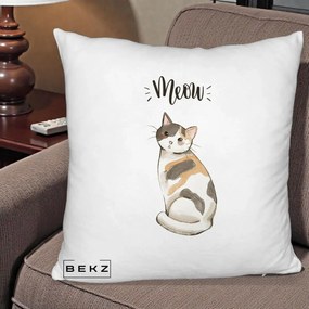Perna Personalizata Pisica Meow Acuarela, 40x40 cm, Alb Pufos, Husa Detasabila, Perna Inclusa, BEKZ®