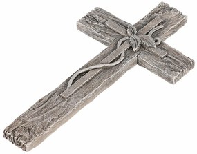 Decorație funerară Cruce cu frunze, imitație delemn, poliresină, 11 x 21 x 2 cm