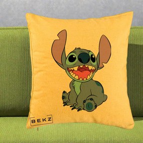 Perna Personalizata Stitch Zambitor, 40x40 cm, Galben, Husa Detasabila, Perna Inclusa, BEKZ®