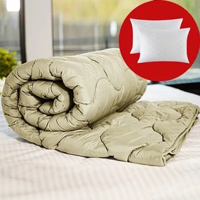 Set pilota iarna, umplutura lana, material policoton, 180x210cm, matlasata, kaki, Pucioasa cu 2 perne, matlasate, antialergice, 50x70cm, albe, Pucioasa
