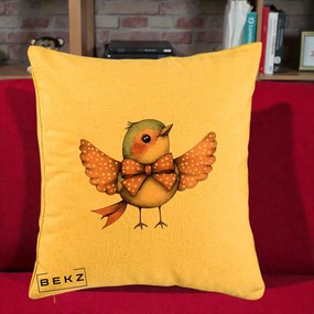Perna Decorativa Pasare Roz cu Aripi si Fundita, 40x40 cm, Galben, Husa Detasabila, Perna Inclusa, BEKZ®