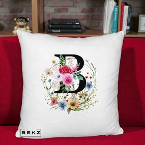 Cadou Personalizat - Perna Personalizata Monogram Litera B cu Flori Acuarela, 40x40 cm, Alb Pufos, Husa Detasabila, Perna Inclusa, BEKZ®