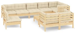 3096532 vidaXL Set mobilier grădină cu perne crem, 10 piese, lemn masiv de pin